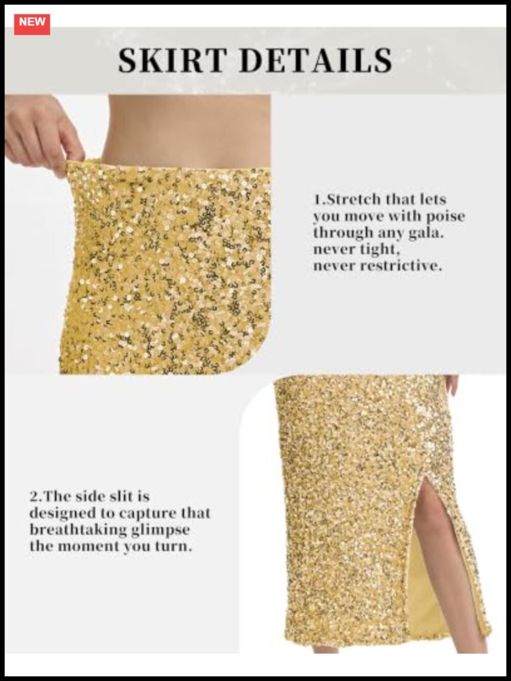 Sequin Pencil Midi Skirt with Side Slit Stretch Fit Party Skirt - Picture 5 of 6